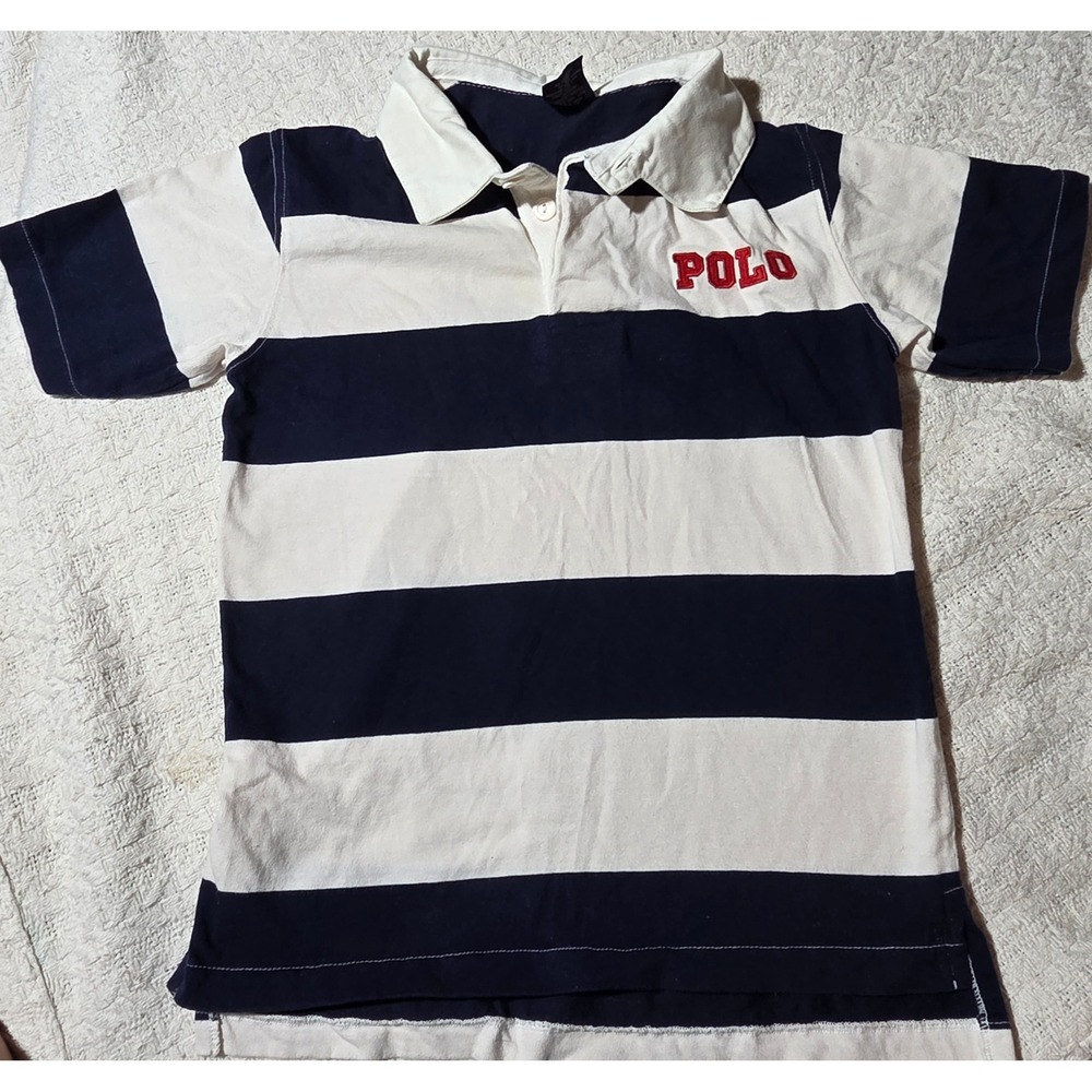 Polo Ralph Lauren Rugby Shirt Kids 7 Navy White Striped Good FS540491 Cotton